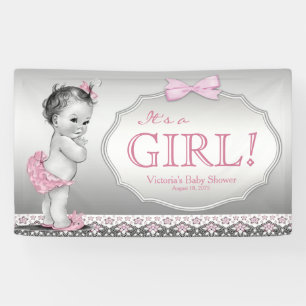 Pink Gray Vintage Baby Girl Baby Shower Banner