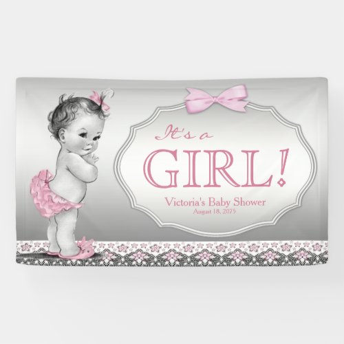 Pink Gray Vintage Baby Girl Baby Shower Banner