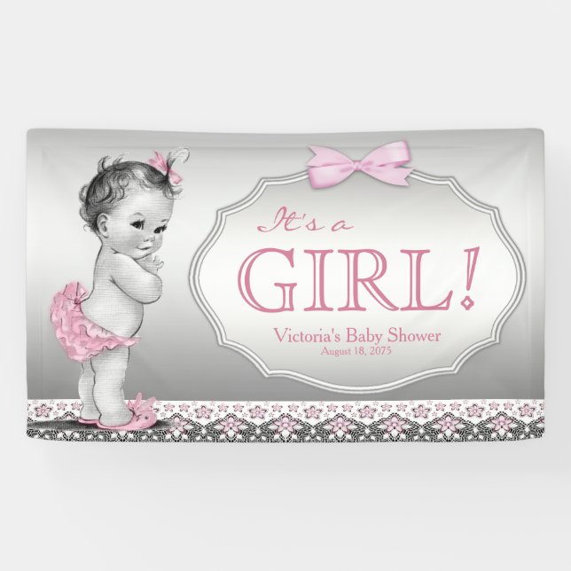 Pink Gray Vintage Baby Girl Baby Shower Banner (Horizontal)
