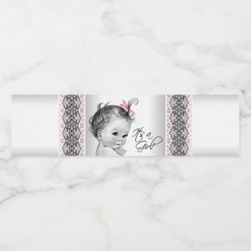 Pink Gray Vintage Baby Girl Water Bottle Labels