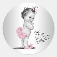 Pink Gray Vintage Girl Baby Shower Classic Round Sticker
