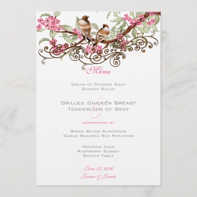 Pink & Gray Vintage Love Birds Wedding Menu (Front)