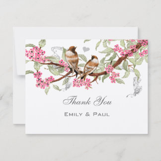 Pink & Gray Vintage Love Birds Wedding RSVP Thank You Card