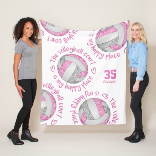 pink gray volleyball court happy place typography fleece blanket