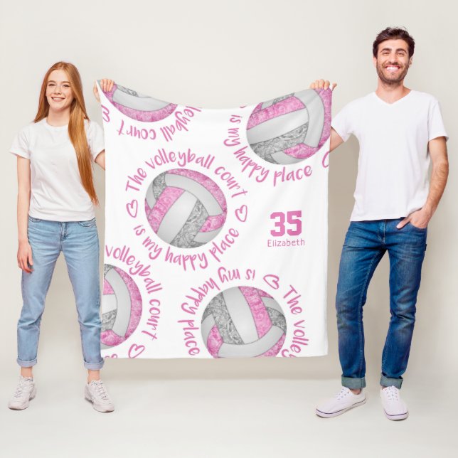 pink gray volleyball court happy place typography fleece blanket (In Situ)