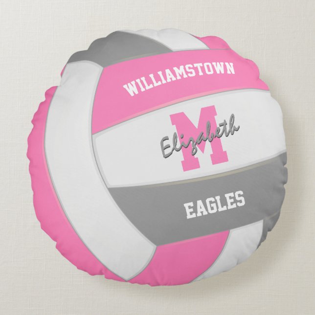 pink gray volleyball girls sports room decor round pillow (Front)