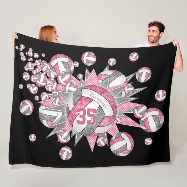 Pink gray volleyball stars girls sports room decor fleece blanket (In Situ)