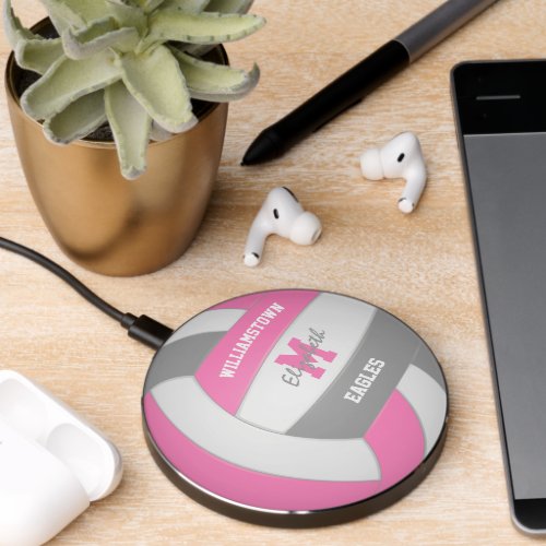 pink gray volleyball team spirit personalized wireless charger 