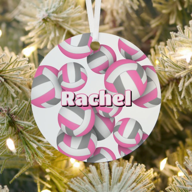 pink gray volleyballs w athlete name keepsake metal ornament (Insitu)