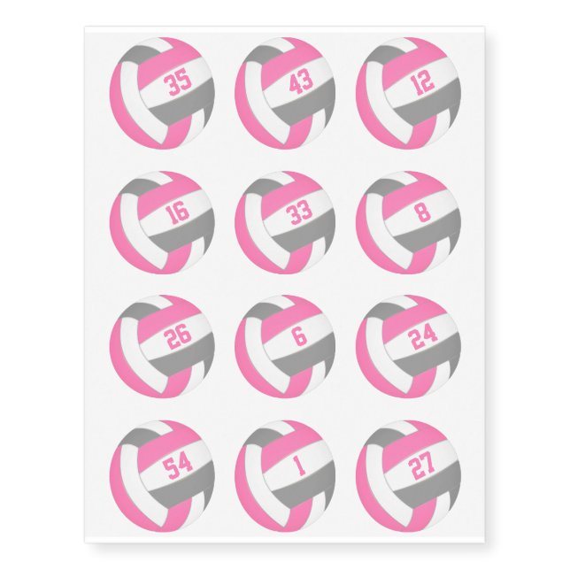 pink gray volleyballs w jersey numbers set of 12 temporary tattoos (Front)