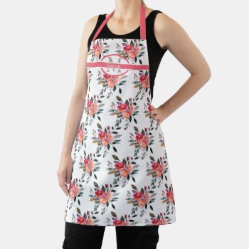 Pink | Gray Watercolor Floral Pattern Monogram Apron by TrendyKitchens at Zazzle