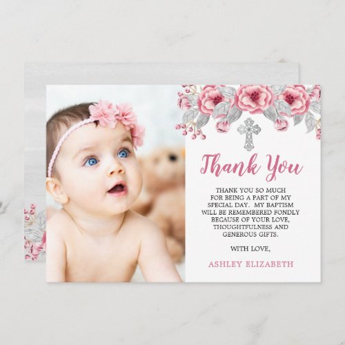 Pink  Gray Watercolor Floral Photo  Baptism Thank You Card
