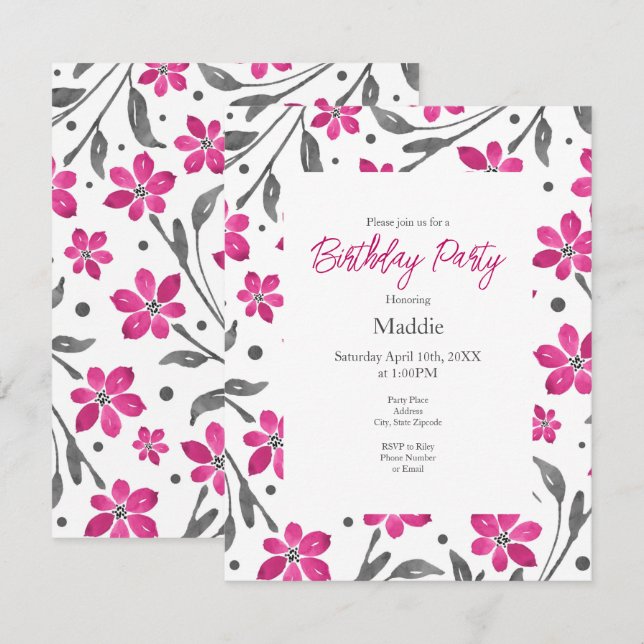  Pink Gray Watercolor Flowers Pattern  Invitation (Front/Back)