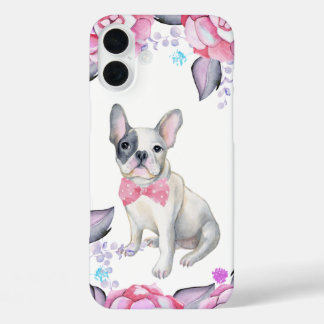 Pink gray watercolor roses cute french bulldog iPhone 16 plus case