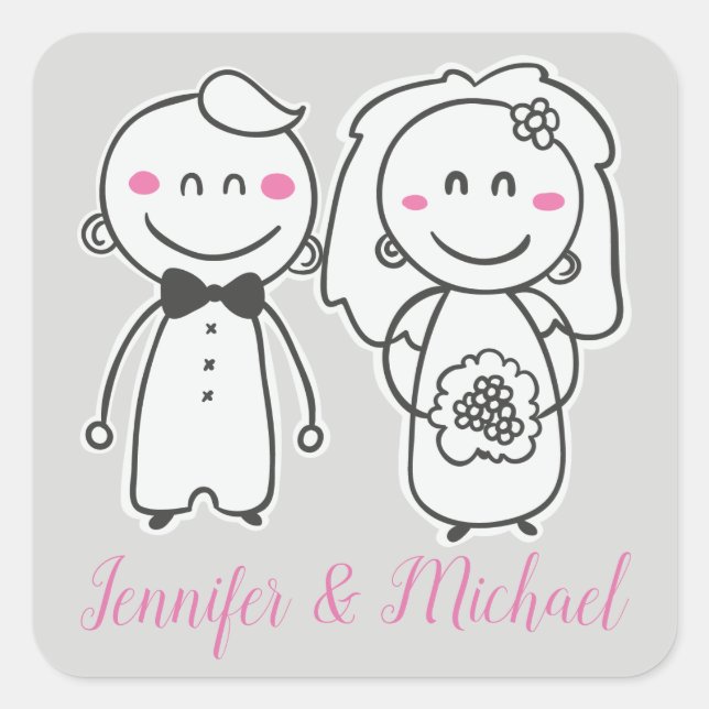 Pink & Gray Wedding  Bride And Groom, Engagement Square Sticker (Front)
