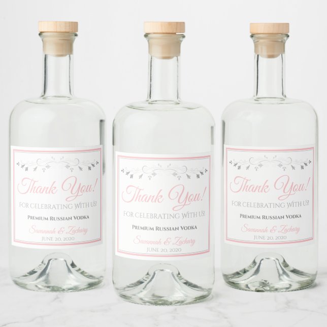 Pink & Gray Wedding Liquor Bottle Label Thank You (Bottles)