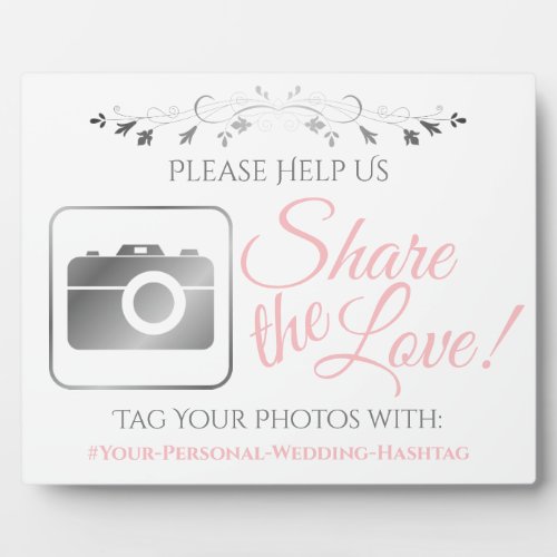 Pink  Gray Wedding Photo Share Hashtag Sign Plaque