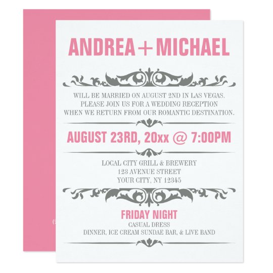 pink gray wedding reception only invitations zazzle com
