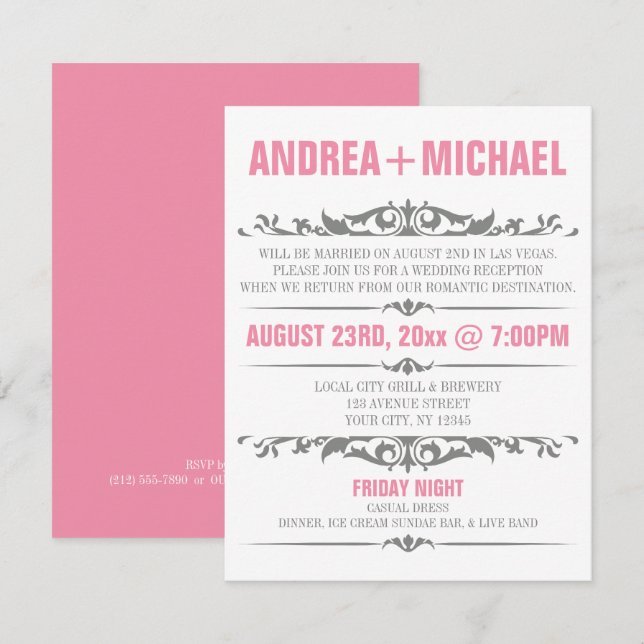 Pink & Gray Wedding Reception ONLY Invitations (Front/Back)