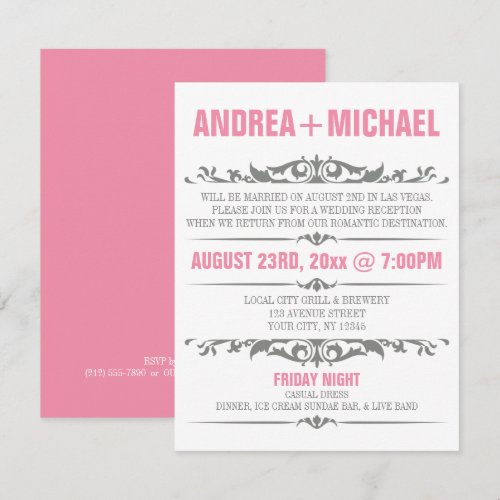 Pink &amp; Gray Wedding Reception ONLY Invitations