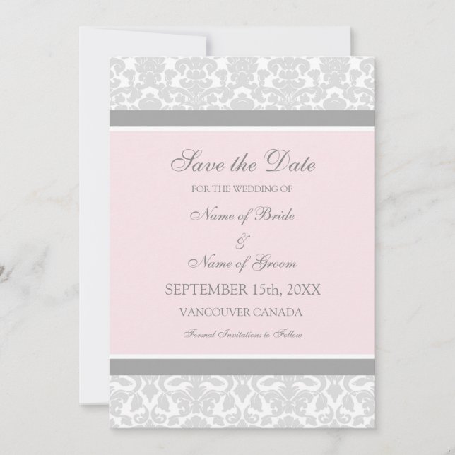 Pink Gray Wedding Save the Date Card (Front)