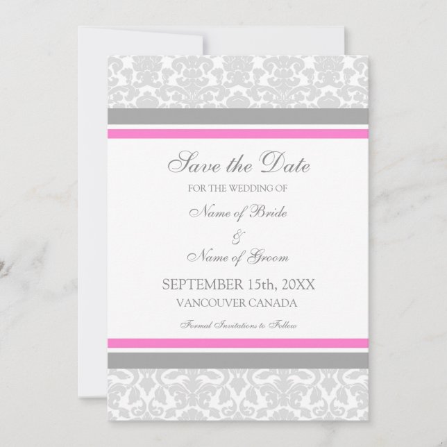 Pink Gray Wedding Save the Date Card (Front)