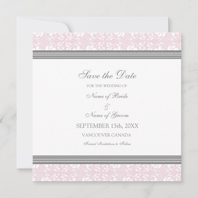 Pink Gray Wedding Save the Date Card (Front)