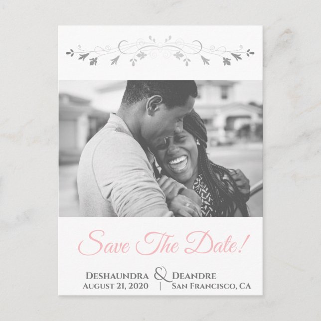 Pink & Gray Wedding Save the Date Postcard (Front)