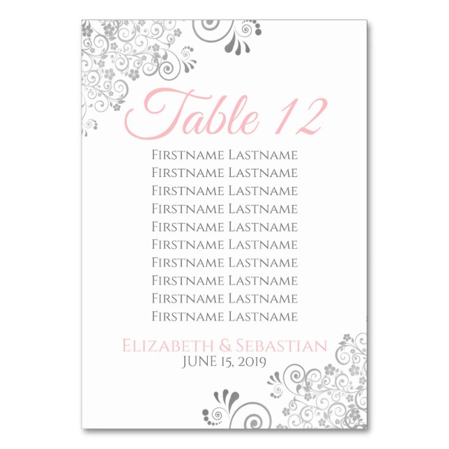 Pink & Gray Wedding Table Number w/ Seating Chart (Back)