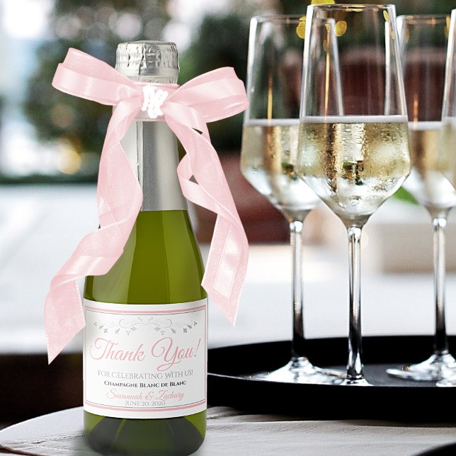 Pink & Gray Wedding Thank You Mini Bottle Sparkling Wine Label (Creator Uploaded)