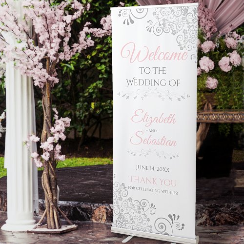 Pink  Gray Wedding Welcome Retractable Banner