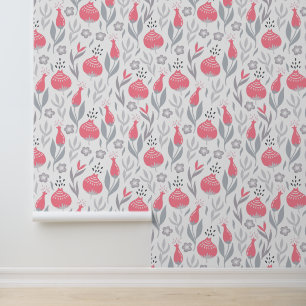 Pink & Gray Whimsical Floral Pattern Wallpaper
