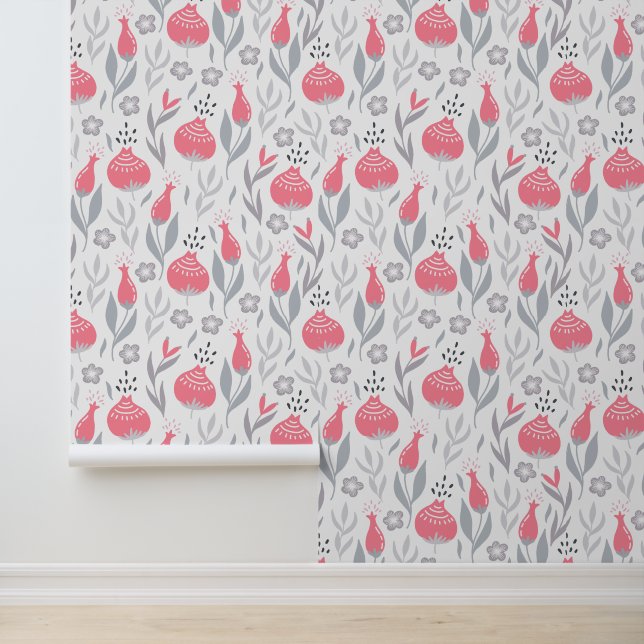 Pink & Gray Whimsical Floral Pattern Wallpaper (Application)
