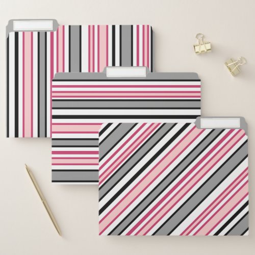 Pink Gray White and Black Stripes File Folder