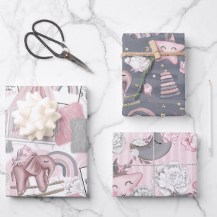 PINK GRAY WHITE BABY GIRL ITEMS & FLOWERS WRAPPING PAPER SHEETS