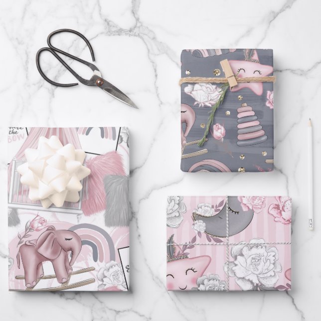 PINK GRAY WHITE BABY GIRL ITEMS & FLOWERS WRAPPING PAPER SHEETS (Front)