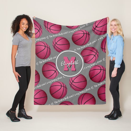 pink gray & white The basketball court is my happy place fleece blanket