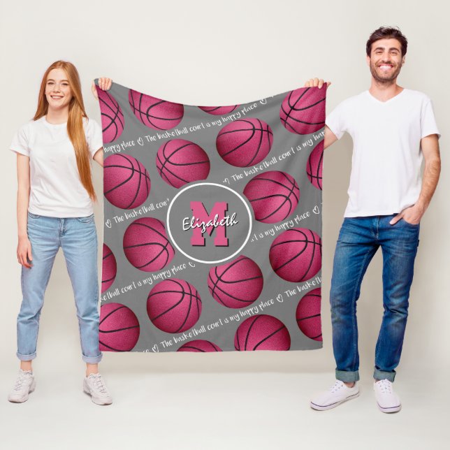 pink gray white basketball court my happy place fleece blanket (In Situ)