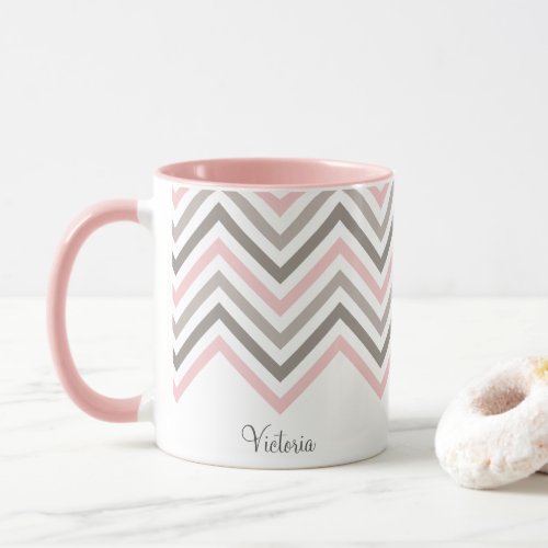 Pink Gray White Chevron Pattern Personalized Mug