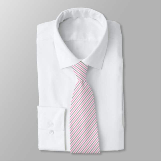 Pink, Gray, White Diagonal Stripes Necktie (Tied)