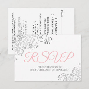 Pink Gray & White Elegant Silver Lace Wedding RSVP Card