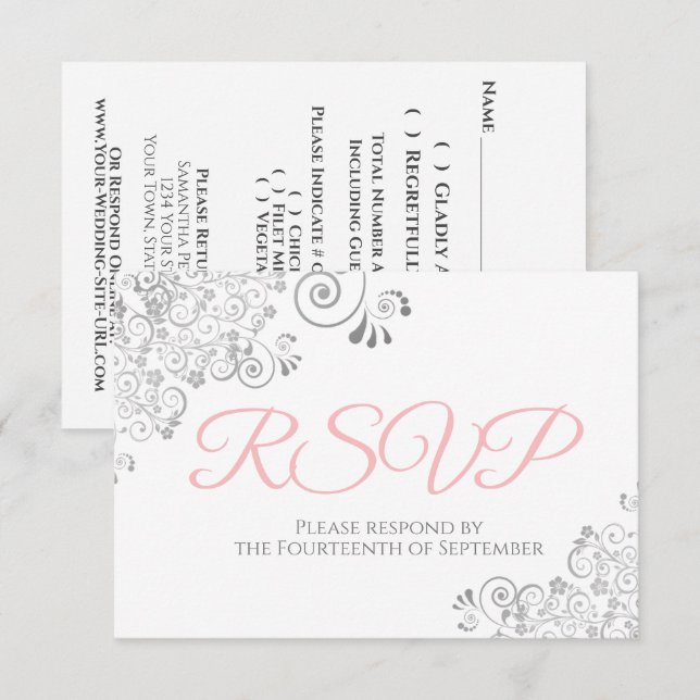 Pink Gray & White Elegant Silver Lace Wedding RSVP Card (Front/Back)