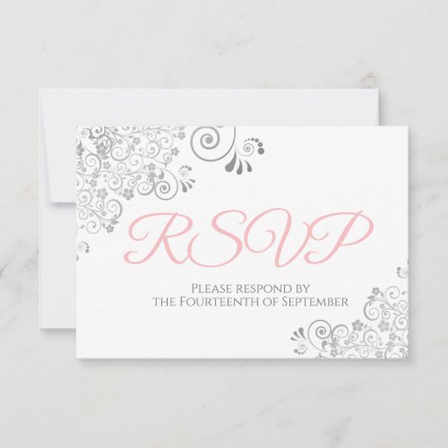 Pink Gray  White Elegant Silver Lace Wedding RSVP Card
