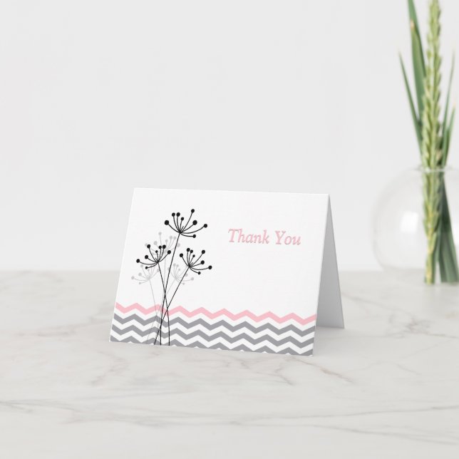Pink, Gray, White Floral, Chevron Thank You Card (Front)