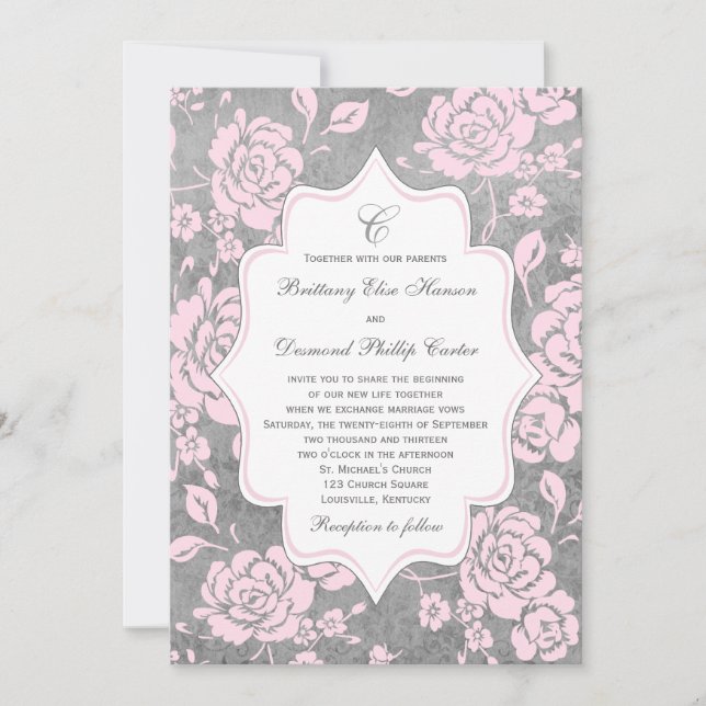 Pink Gray White Floral Damask Wedding Invitation (Front)