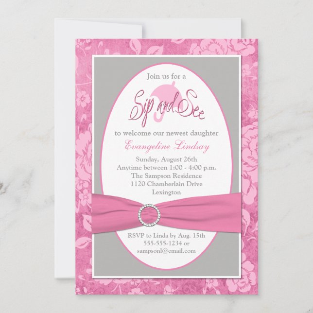 Pink Gray White Floral Sip and See Invitation (Front)