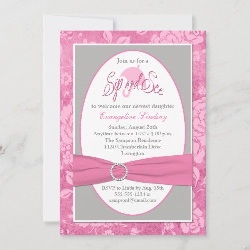 Pink Gray White Floral Sip and See Invitation