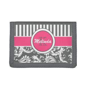 Pink, Gray, White Floral, Striped Tri-Fold Wallet