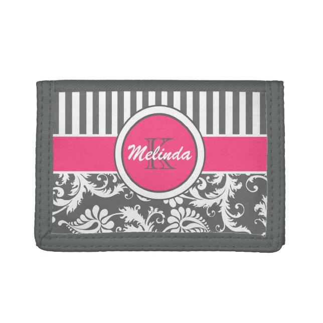 Pink, Gray, White Floral, Striped Tri-Fold Wallet (Front)