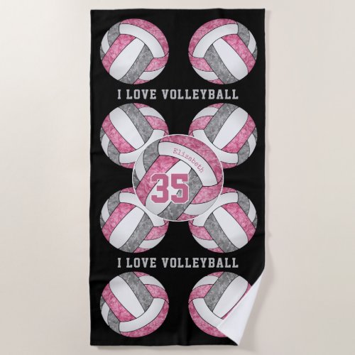 pink gray white girls love volleyball personalized beach towel